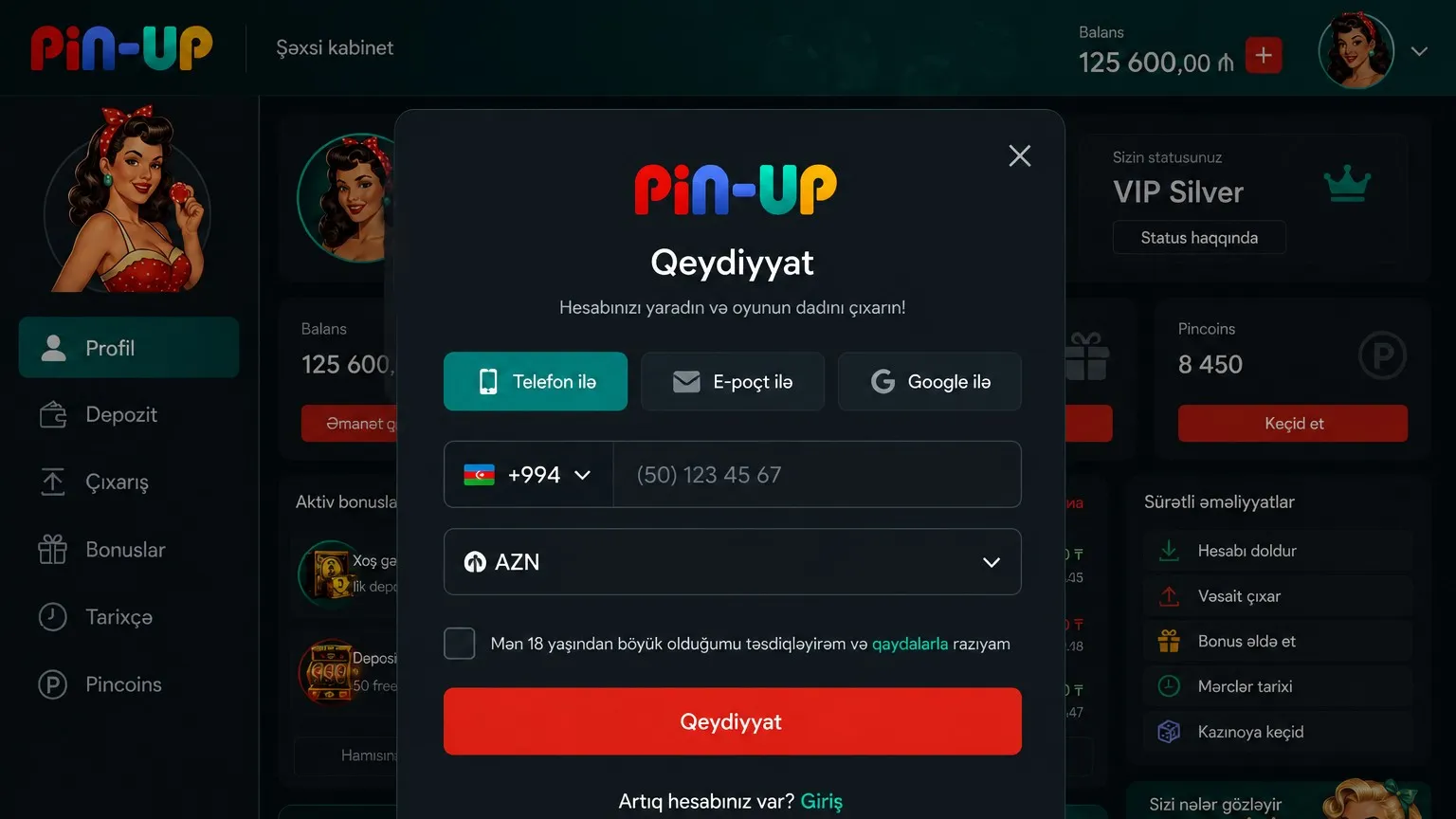 Pin Up qeydiyyat və hesaba giriş forması